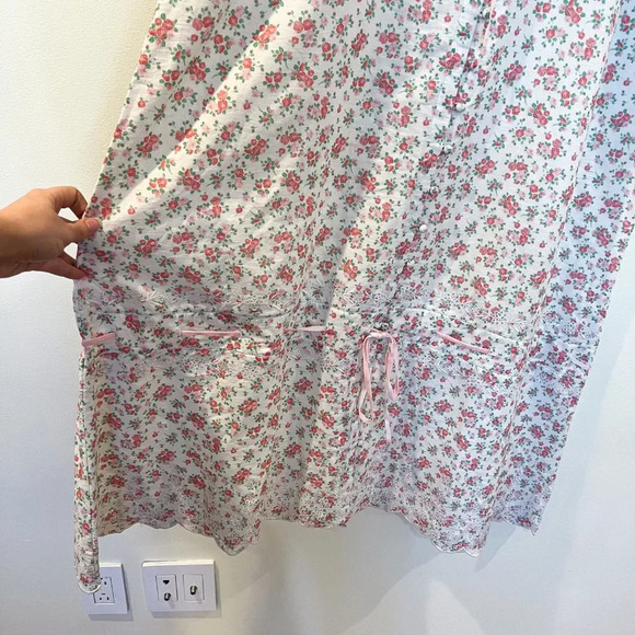 Praerie Brittany Pink Floral Lace Cottagecore Preppy Button Down Midi Dress L - Picture 7 of 10